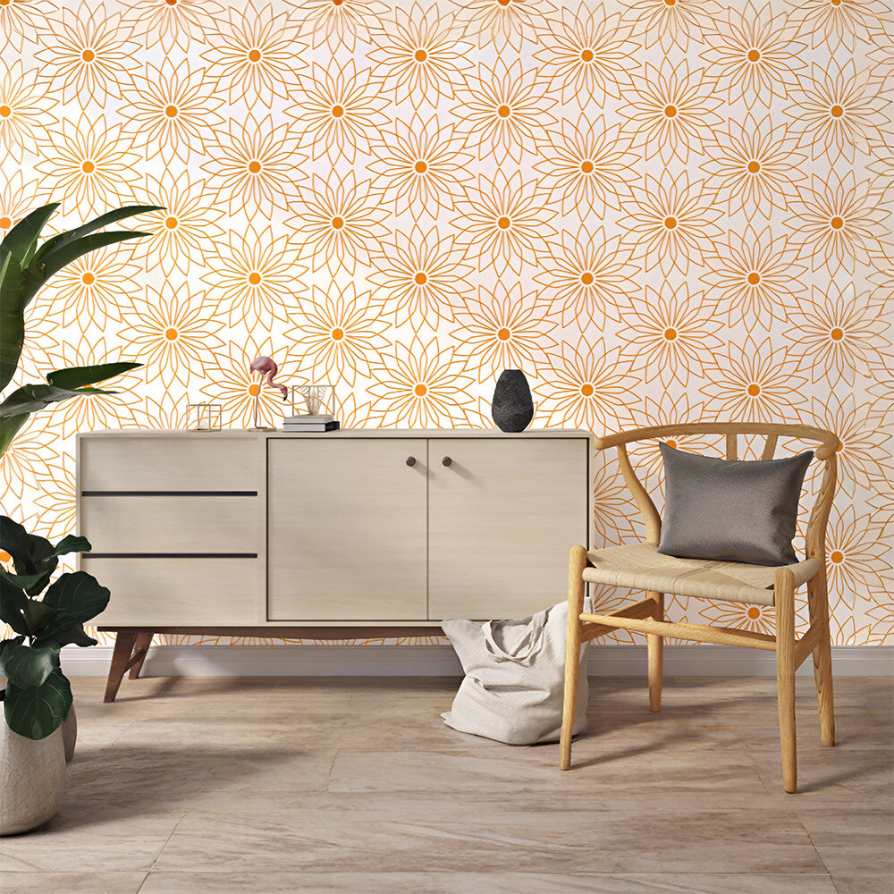 Orange Line Art Floral Wallpaper | Subtle Elegance