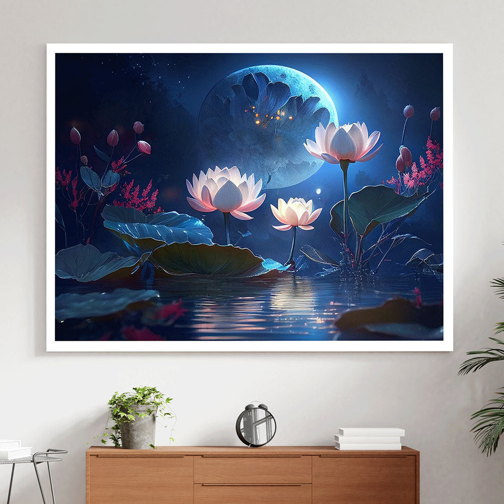 Full moon splendor: The serene blooming of the Lotus Flower Amidst Starry Waters