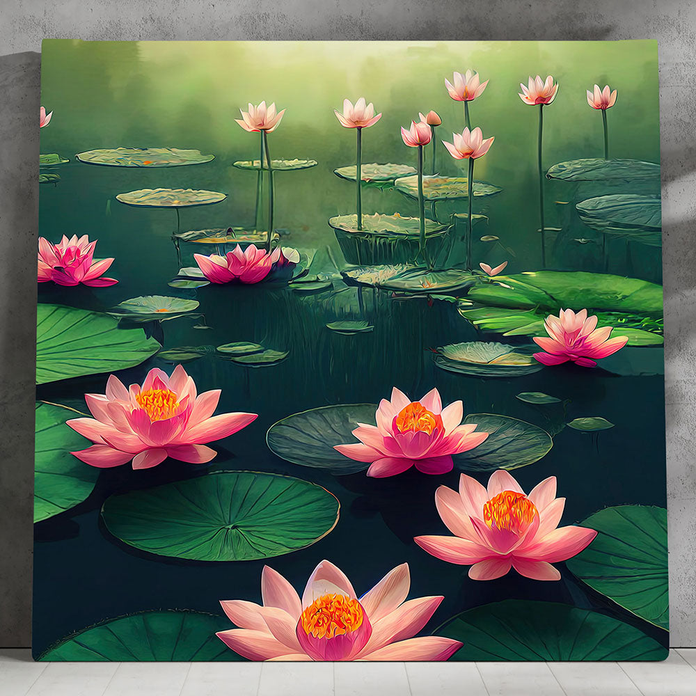 Vibrant Painting of Lotus in a Pond