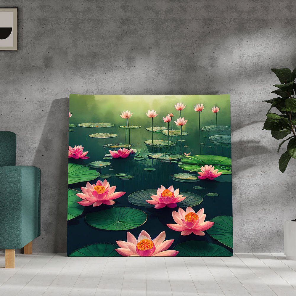 Vibrant Painting of Lotus in a Pond