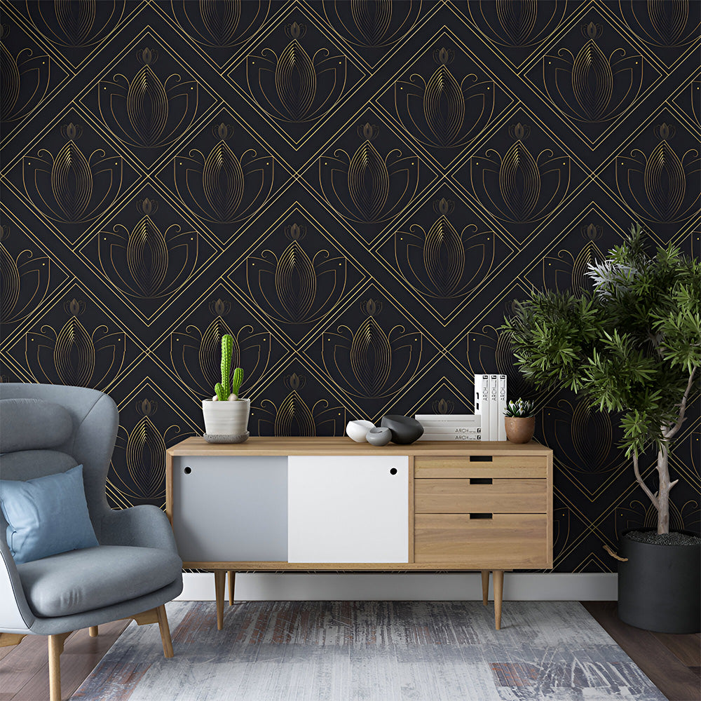 Black and Gold Leaf Wallpaper | Luxurious Elegance