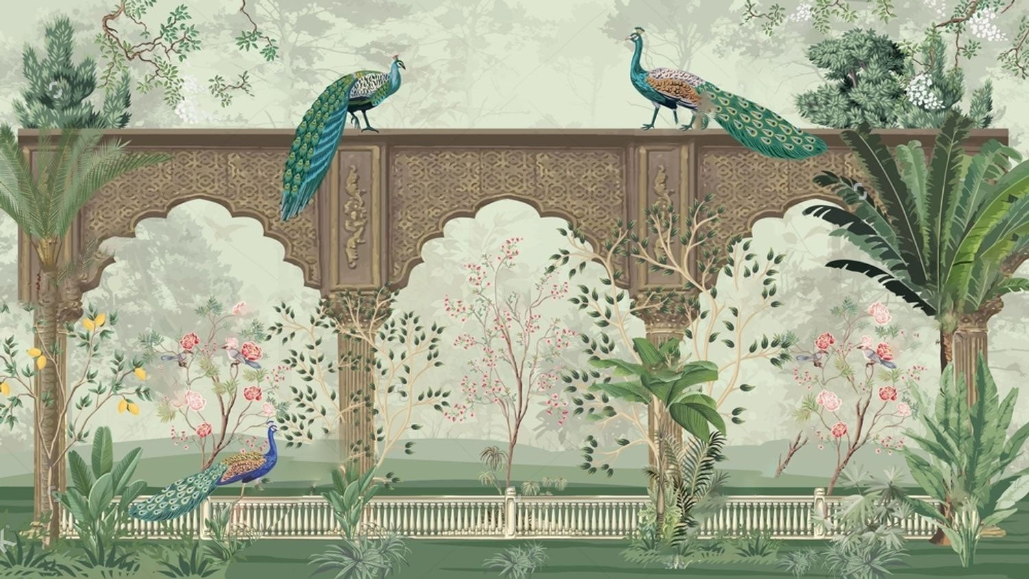 Mughal Garden Peacock Wallpaper | Royal Elegance Redefined