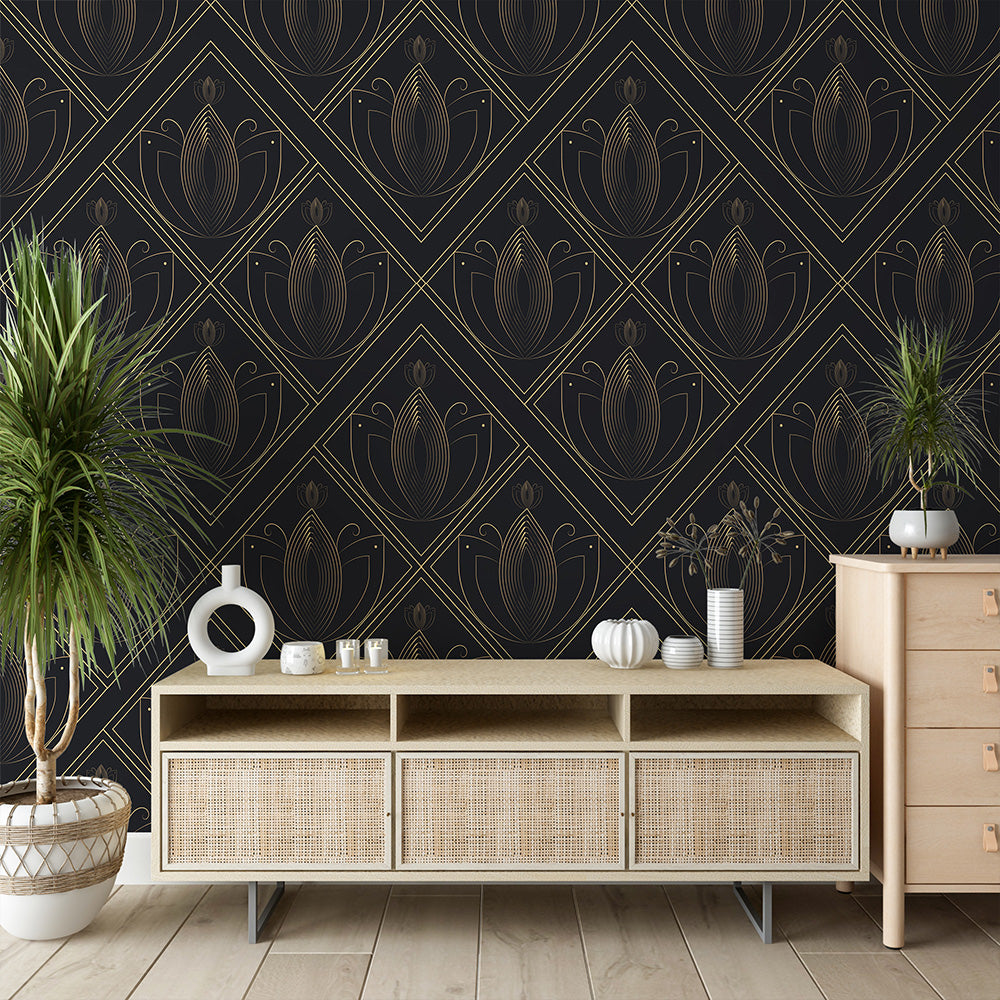 Black and Gold Leaf Wallpaper | Luxurious Elegance