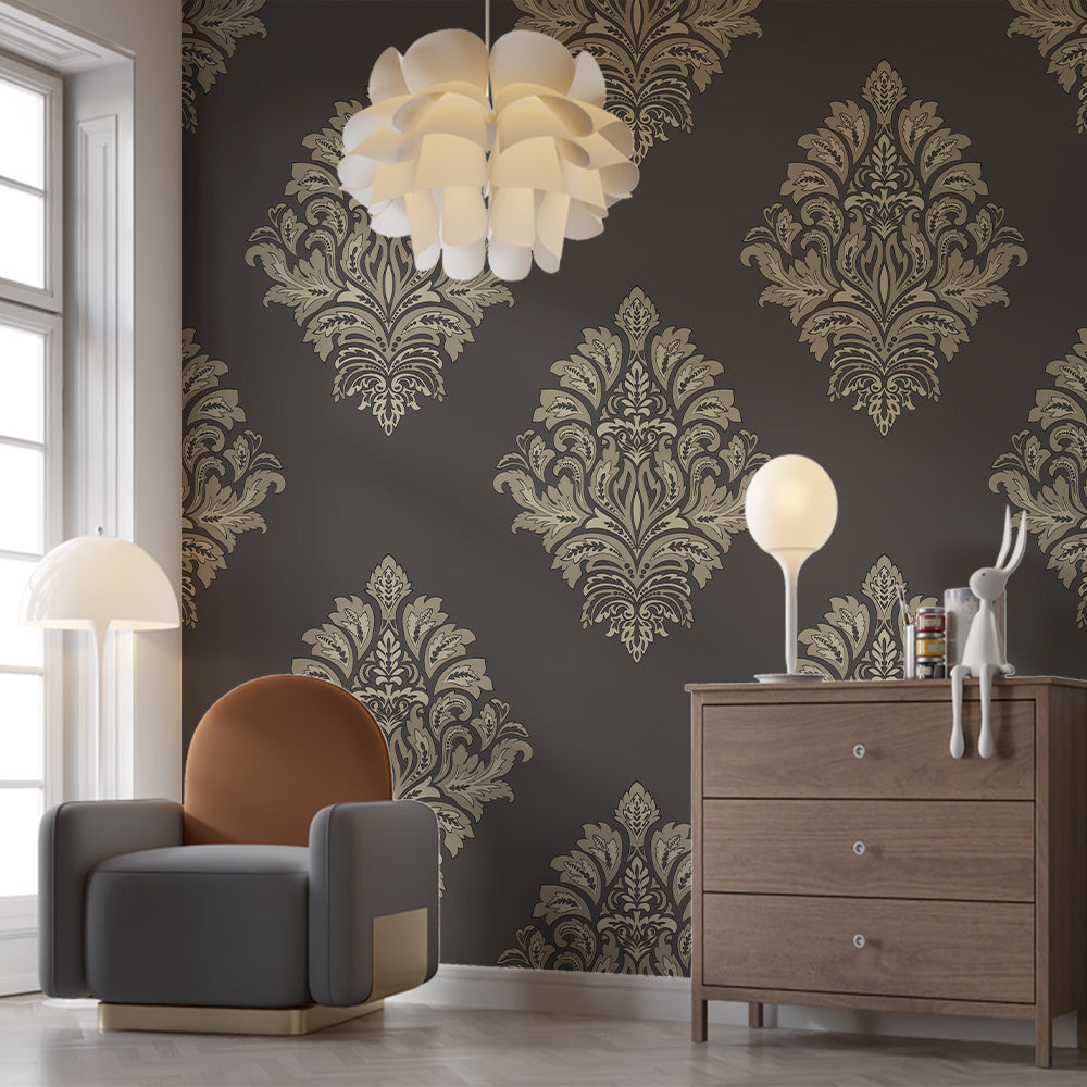 Premium Brown with Golden Emboss Print Wallpaper