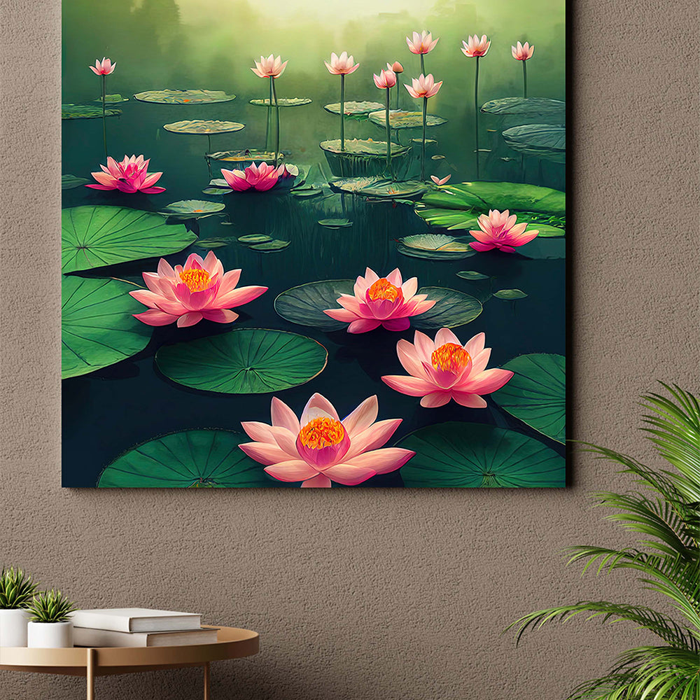 Vibrant Painting of Lotus in a Pond