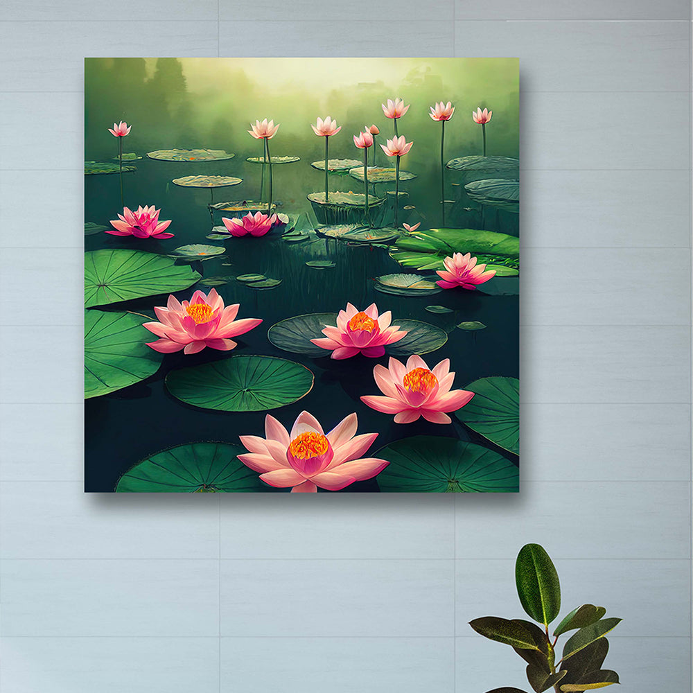 Vibrant Painting of Lotus in a Pond