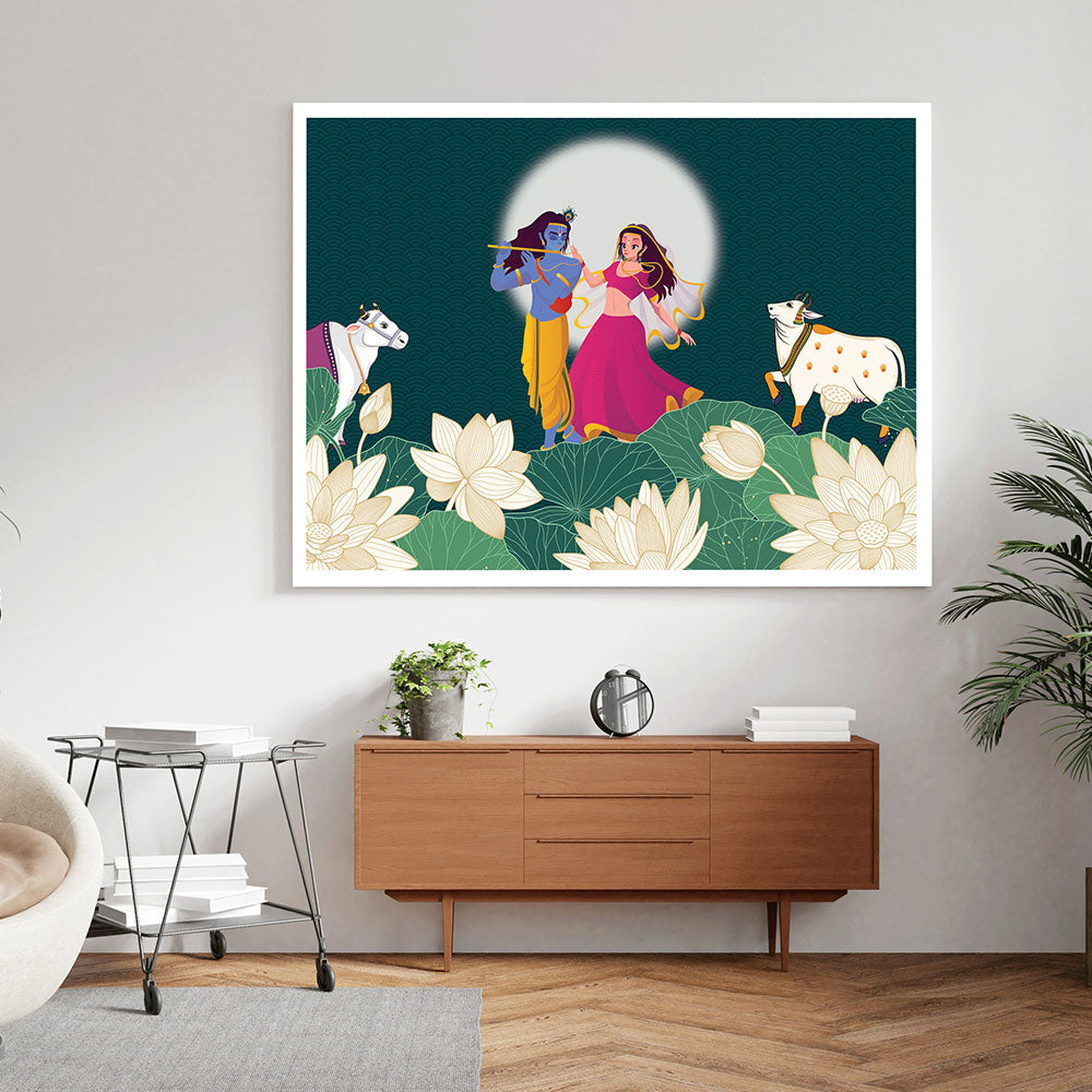 Radha and Krishna Lotus Pichwai Art Painting